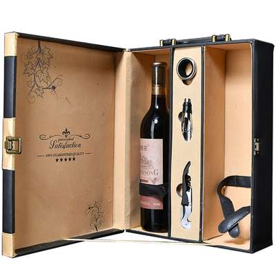 Caja de regalo negra de la botella de vino de la botella de la sublimación 2 del cuero del oro del espacio en blanco con los accesorios
