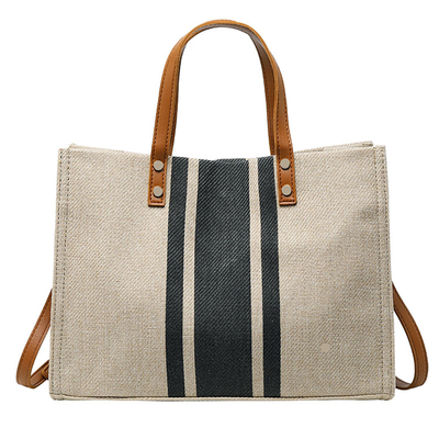 Lona de algodón de lino de encargo Tote Bag With Pocket de la manija de cuero en blanco