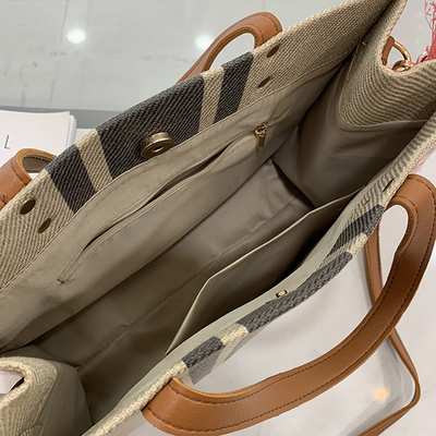 Lona de algodón de lino de encargo Tote Bag With Pocket de la manija de cuero en blanco