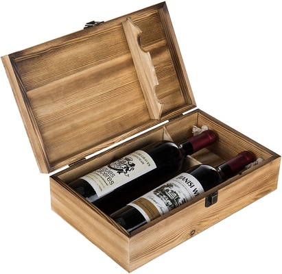 Portador con bisagras manija de madera doble Torched de la tapa del top de la caja del vino de la botella