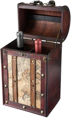 Caja de madera del vino del diseño antiguo del mapa de la imitación de cuero de 2 botellas con la tapa y la manija