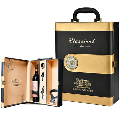 Buen precio Caja de regalo negra de la botella de vino de la botella de la sublimación 2 del cuero del oro del espacio en blanco con los accesorios en línea